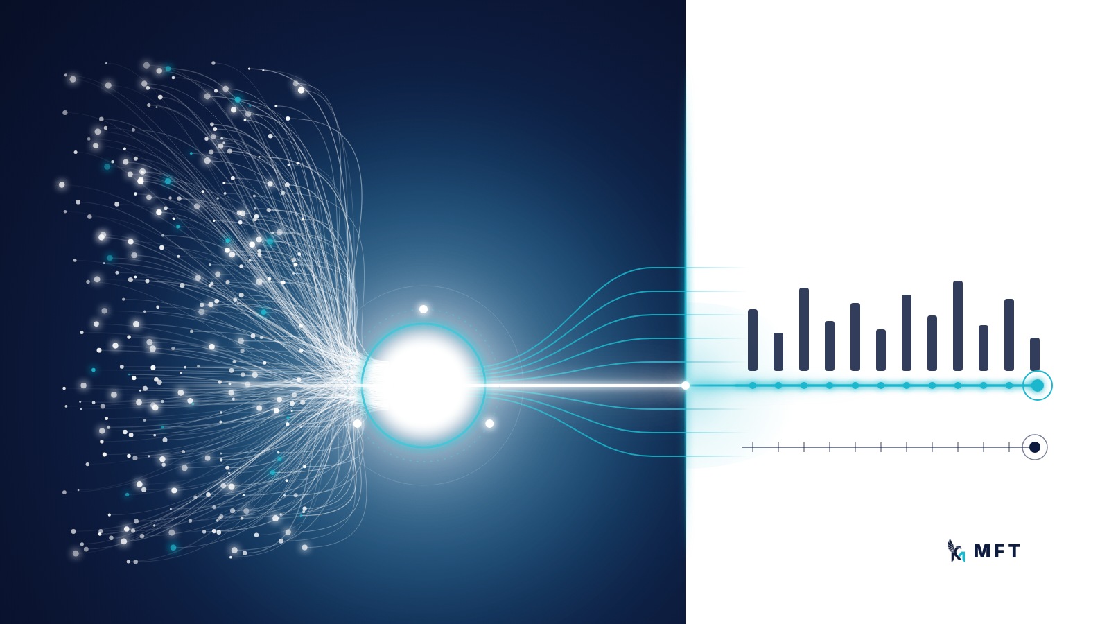 Illustration: scattered transactions flow through a glowing white core onto a white ledger page showing monthly activity tested along one continuous line through the year, against a single year-end point.