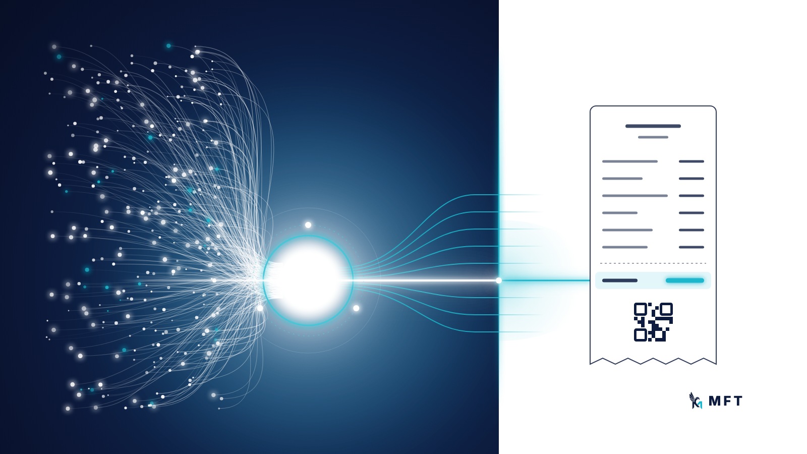 Illustration: scattered transactions flow through a glowing white core onto a white ledger page showing a till receipt with item lines, its total highlighted in cyan and a QR block below.