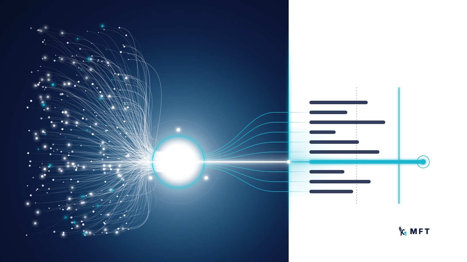 Illustration: scattered transactions flow through a glowing white core onto a white ledger page showing misstatement bars measured against a materiality threshold, with the one bar that crosses it highlighted in cyan.