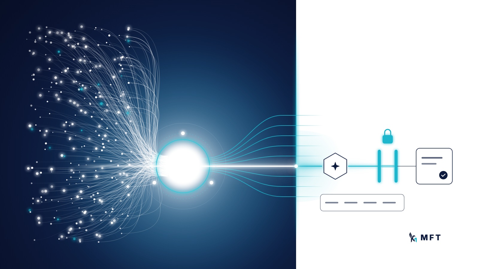 رسم توضيحي: معاملات متناثرة تتدفق عبر نواة بيضاء مضيئة إلى صفحة دفتر بيضاء تُظهر وكيل ذكي يقترح قيدًا يمر عبر بوابة رقابة مقفلة باللون السماوي قبل تسجيله.