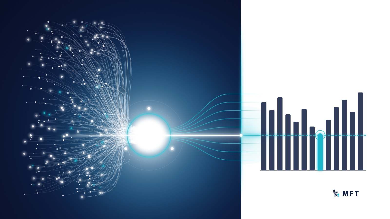 Illustration: scattered transactions flow through a glowing white core onto a white ledger page showing weekly cash balances against a minimum cash line, the week that touches it in cyan.