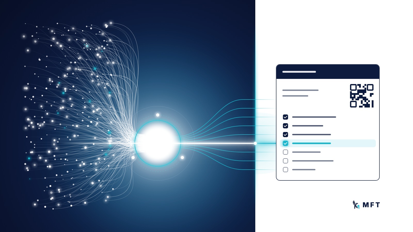 Illustration: scattered transactions flow through a glowing white core onto a white ledger page showing an e-invoice with a QR block and a compliance checklist, one item being cleared in cyan.